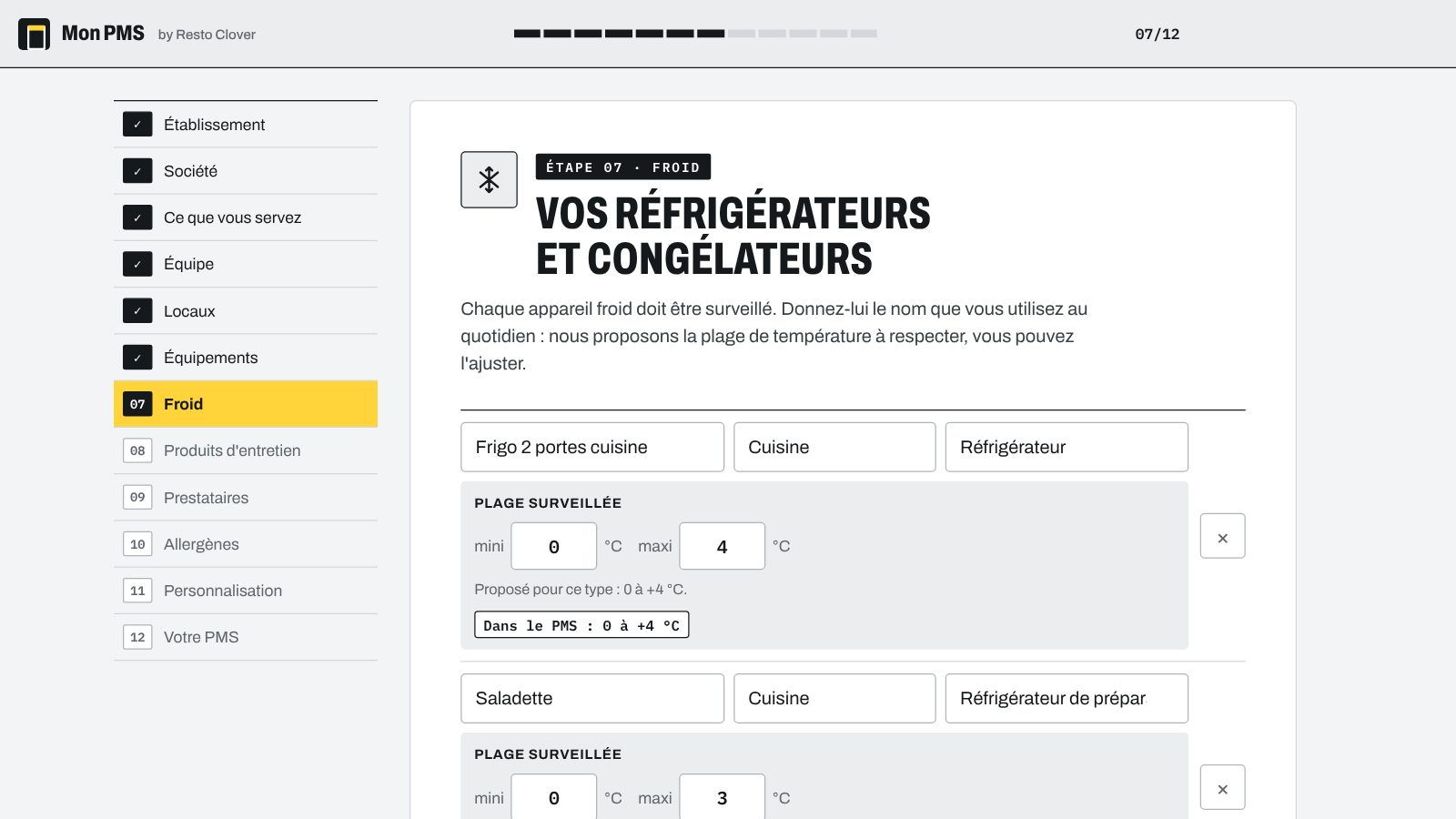 L'application Mon PMS à l'étape des réfrigérateurs : pour chaque appareil, la plage de température proposée, modifiable.
